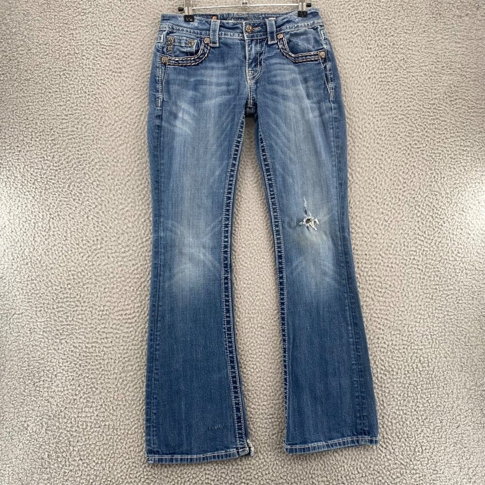 Miss Me Jeans Womens 27 Blue Signature Rise Boot Distressed Bling Cross Studded*